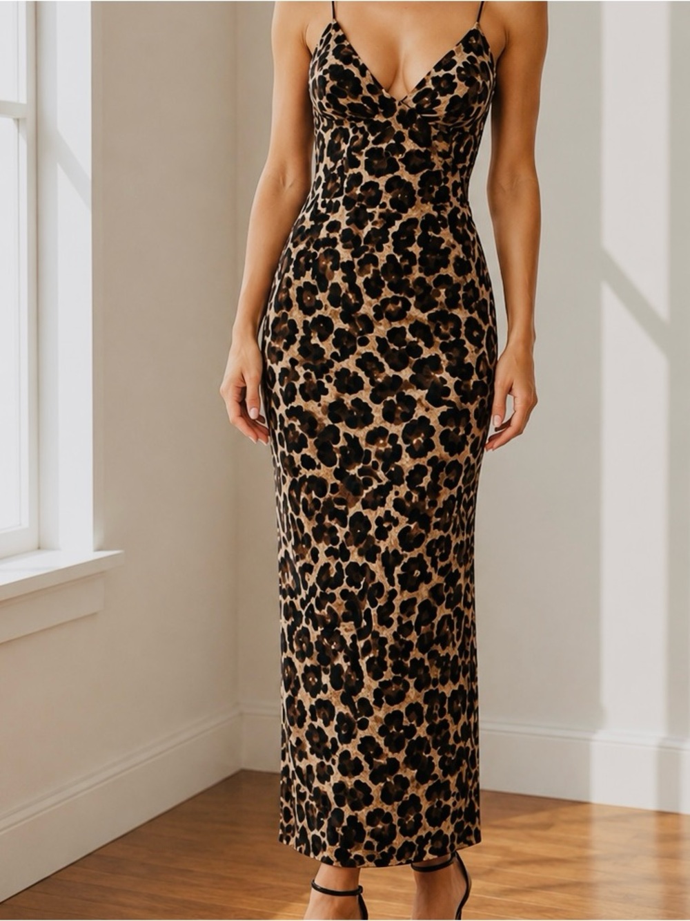 Leopard Print Bodycon Midi Dress Asymmetrical Strap S
